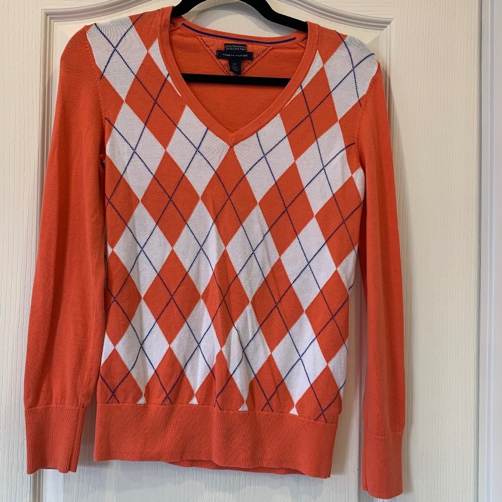 Tommy Hilfiger Argyle V-Neck Cotton Sweater | Small Preppy